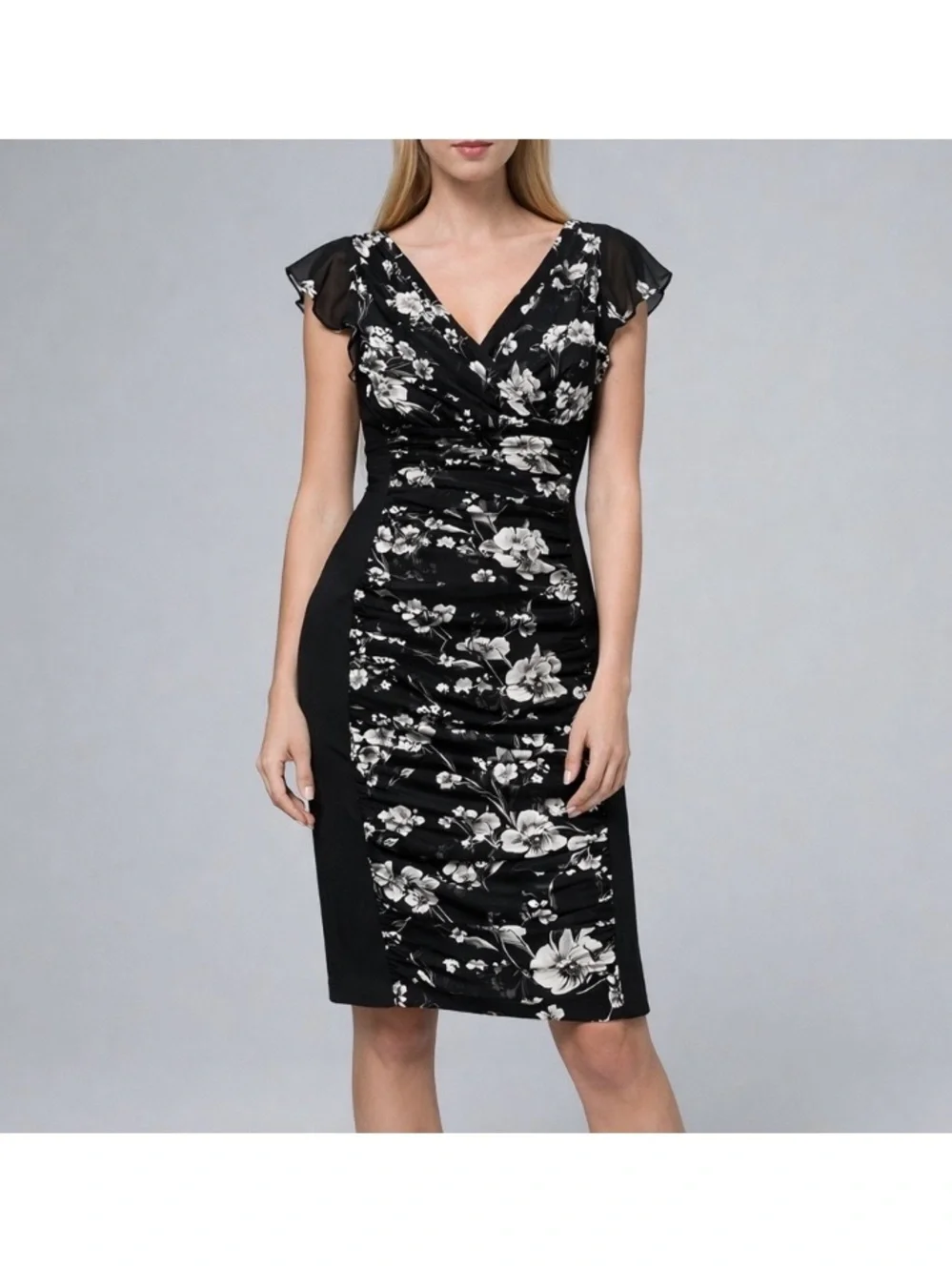 Black Floral V-Neck Sheath Dress - Picture 1 of 1